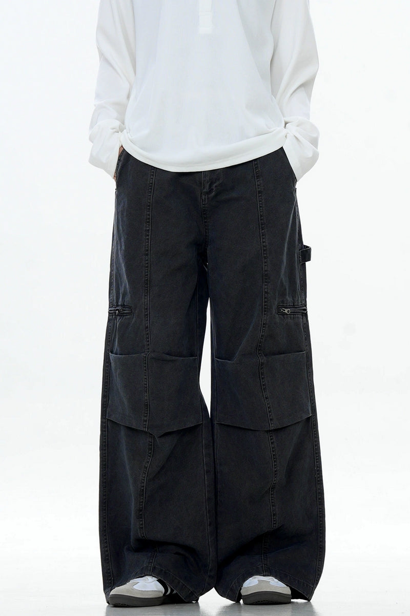 Washed Patchwork Straight Cargo Pants
