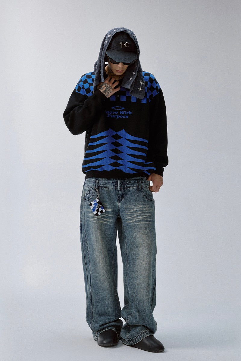 Checkerboard Patchwork Polo Knit Sweater