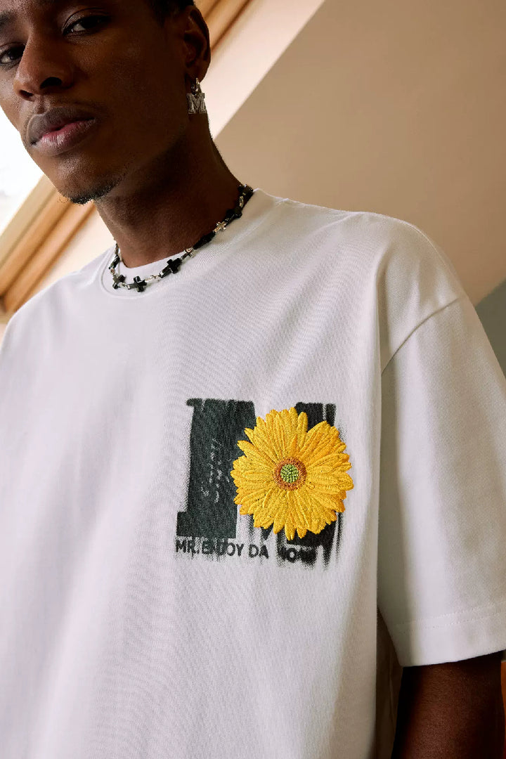 Distressed Logo Floral Embroidery T-Shirt