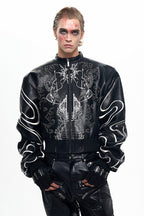 Embroidered Cropped Leather Jacket