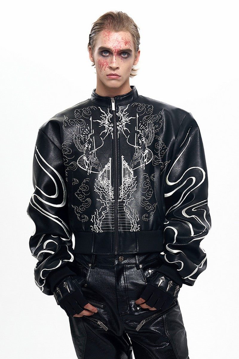 Embroidered Cropped Leather Jacket