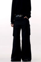 Black Wrinkled Flare Dress Trousers
