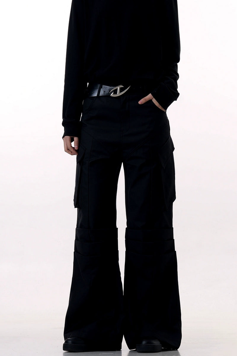 Black Wrinkled Flare Dress Trousers