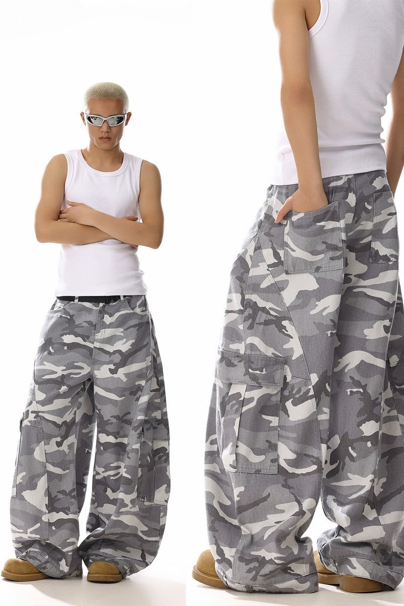 Grey Camo Wide Cargo Pants