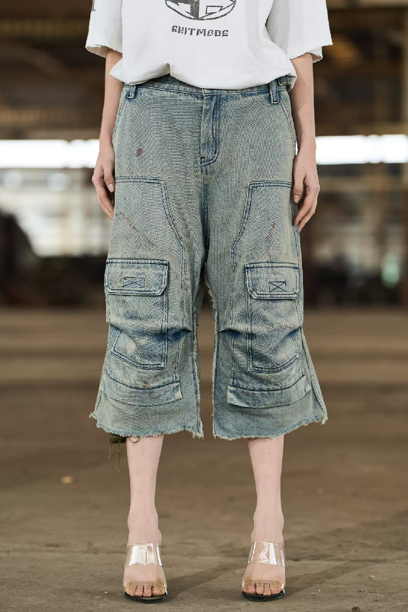 Distressed Denim Cargo Shorts