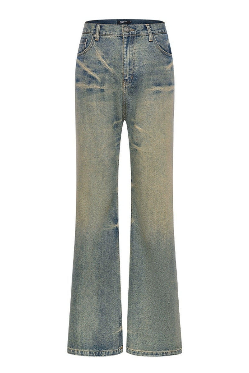 Distressed Washed Whisker Flared Jeans