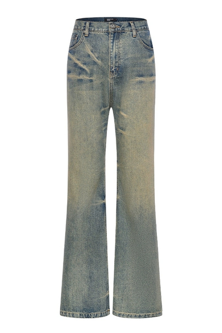 Distressed Washed Whisker Flared Jeans