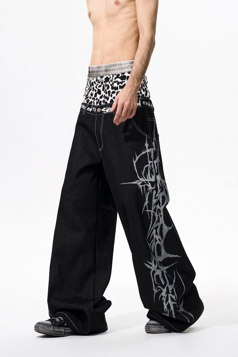 Leopard Patch Double Waist Jeans
