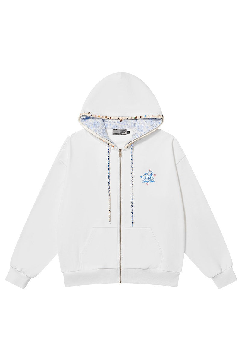 Double Hood Embroidered Zip Hoodie