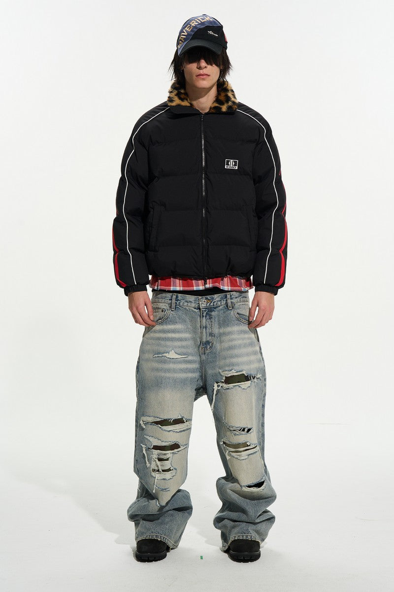 Colorblock Fur Collar Puffer Jacket