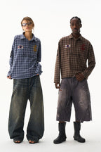 Plaid Badge Long Sleeve Polo