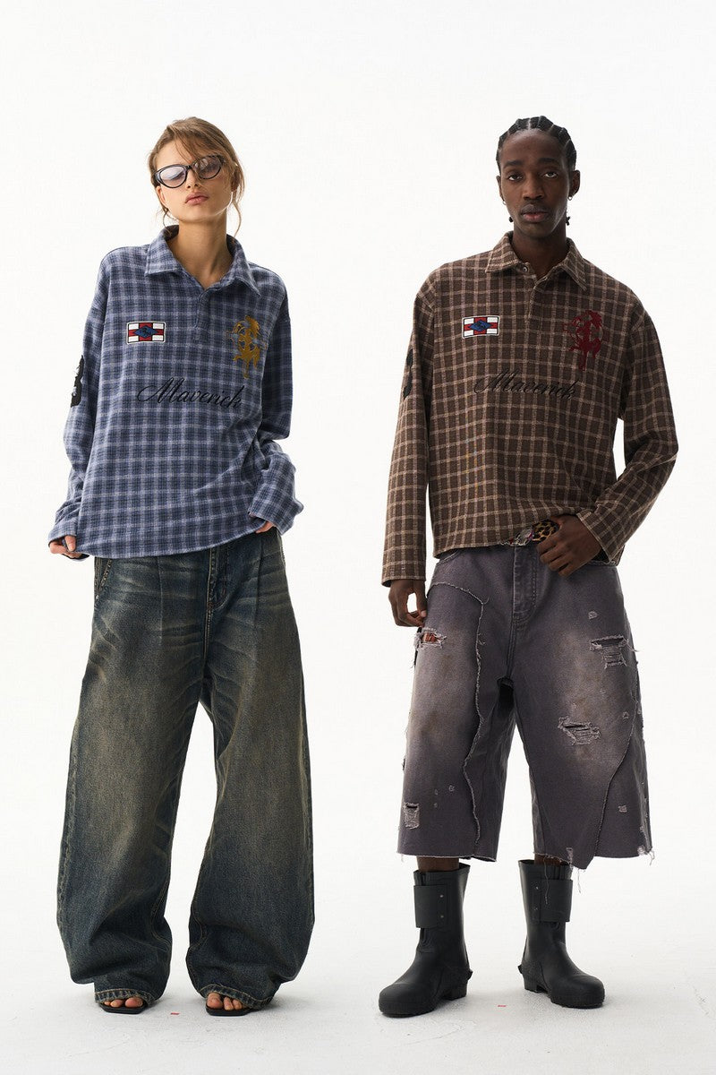 Plaid Badge Long Sleeve Polo