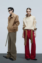 Flared Tailored Pants with Fur Belt