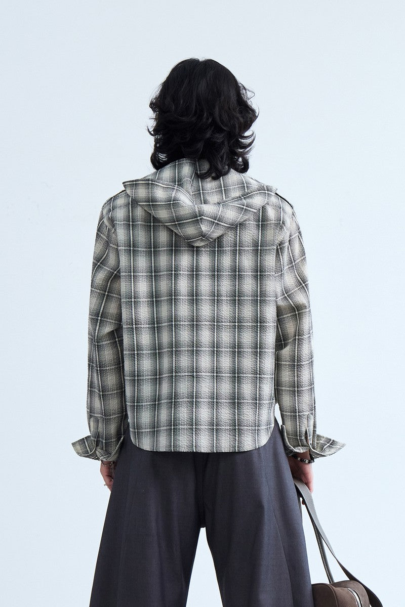 Badge Plaid Hooded Shirt