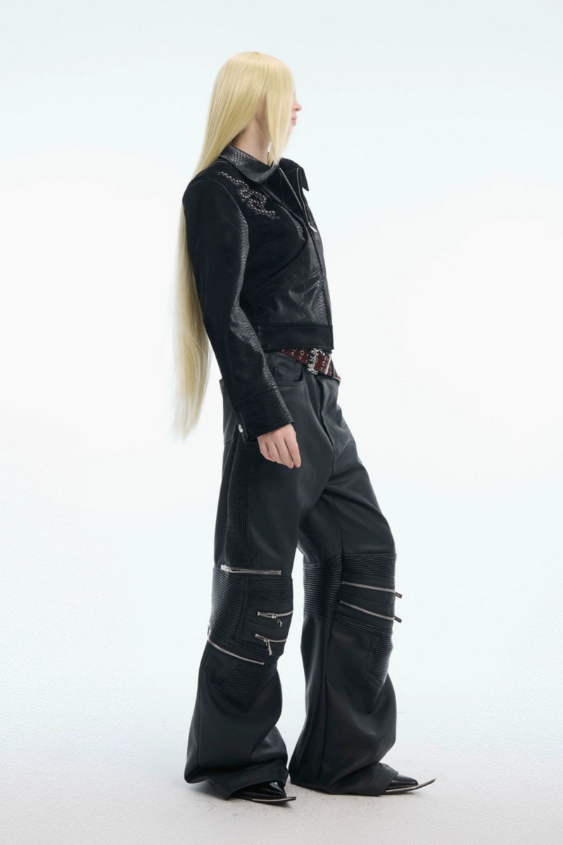 Zipper Panel High-Waist Flared Leather Pants