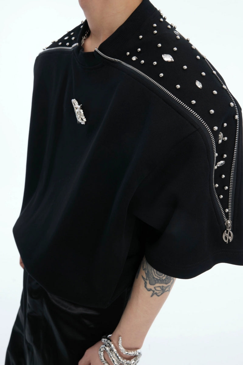 Rhinestone Zipper Detail T-Shirt