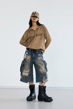 Deconstructed Washed Capri Jeans