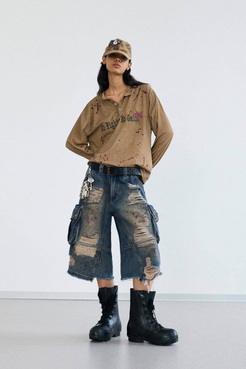 Deconstructed Washed Capri Jeans
