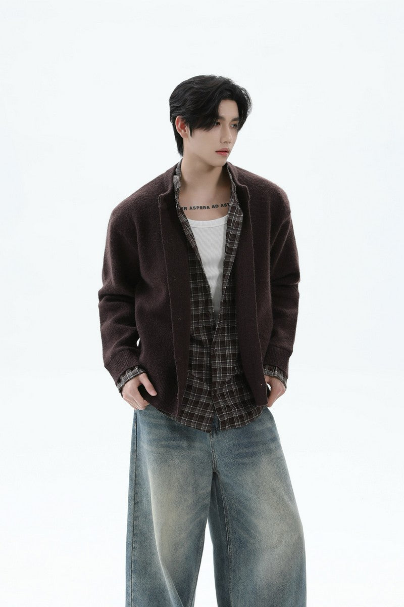 Layered Look Plaid Knit Cardigan