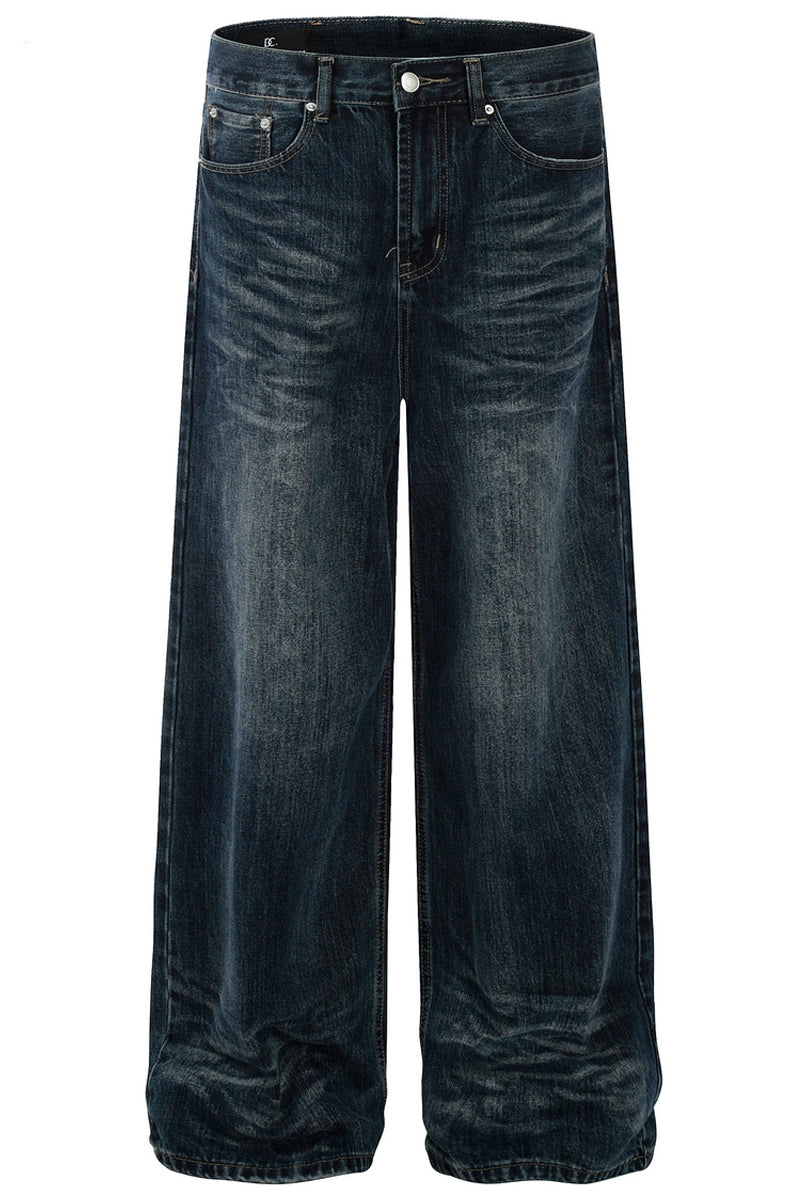 Whiskered Washed Wide-Leg Jeans