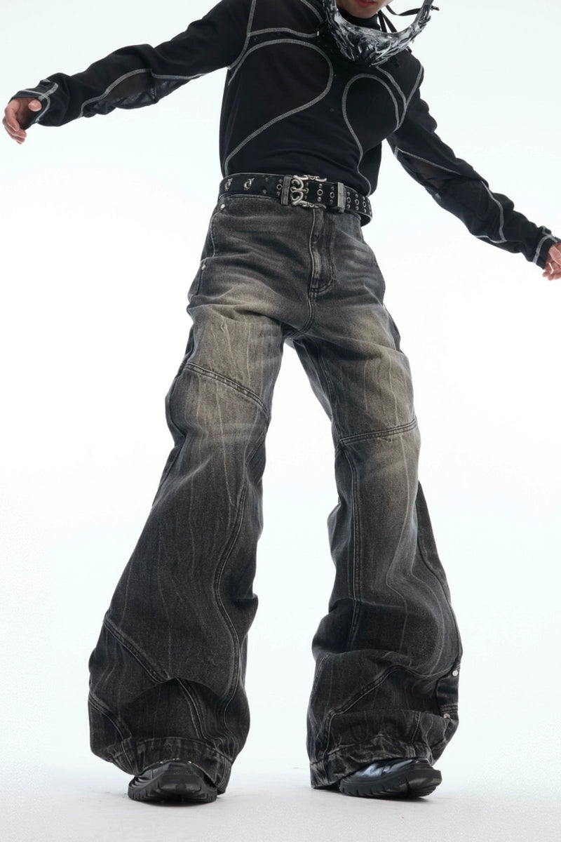 Distressed Textured Flared Denim Jeans