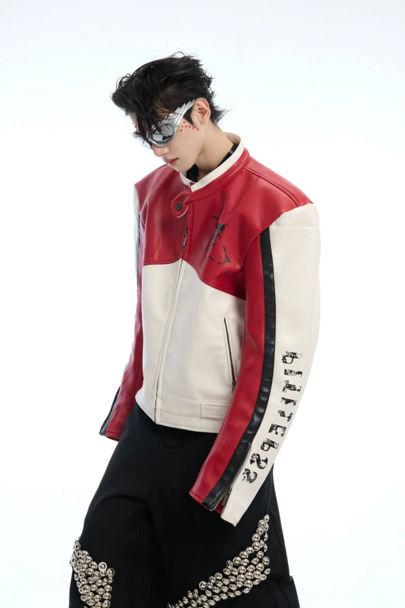 Colorblock PU Leather Biker Jacket