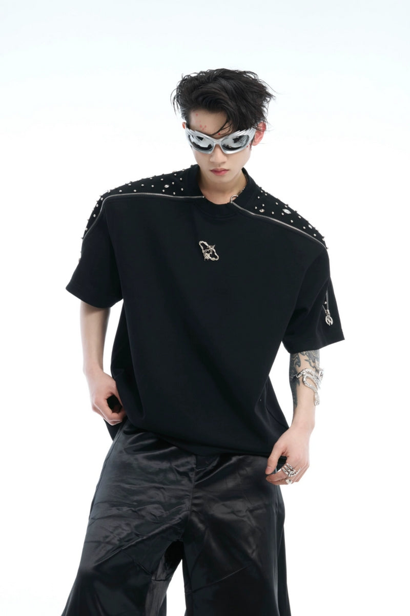 Rhinestone Zipper Detail T-Shirt