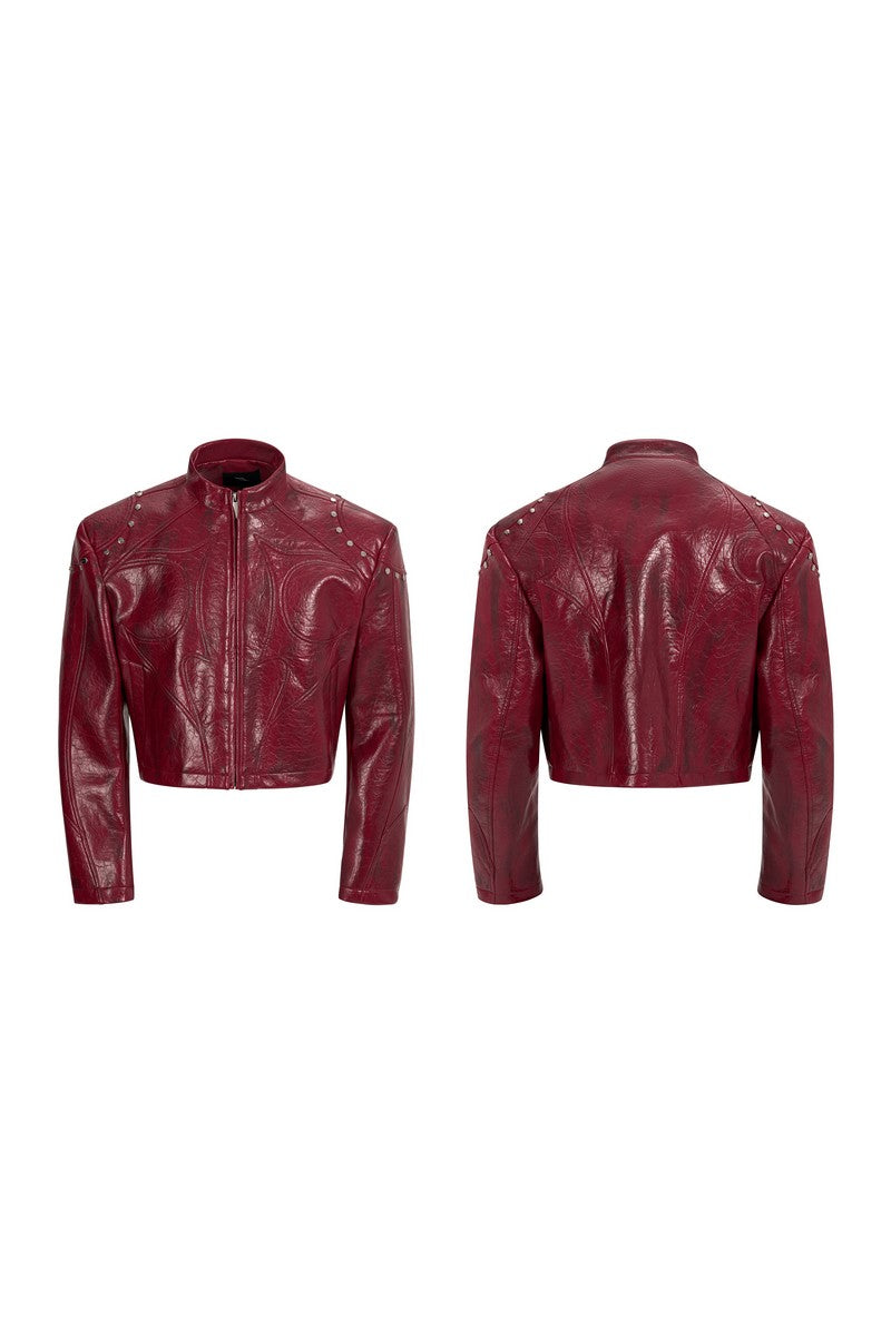 Cropped Stand Collar Leather Jacket