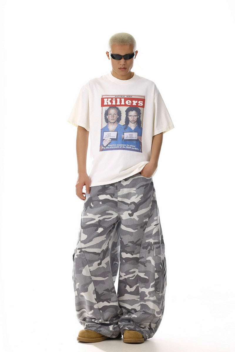Grey Camo Wide Cargo Pants