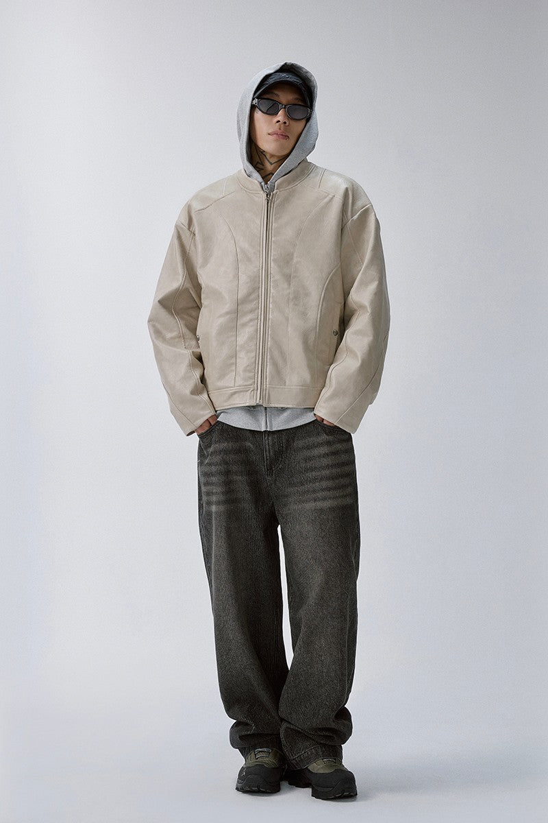 Washed Patchwork Moto Leather Jacket