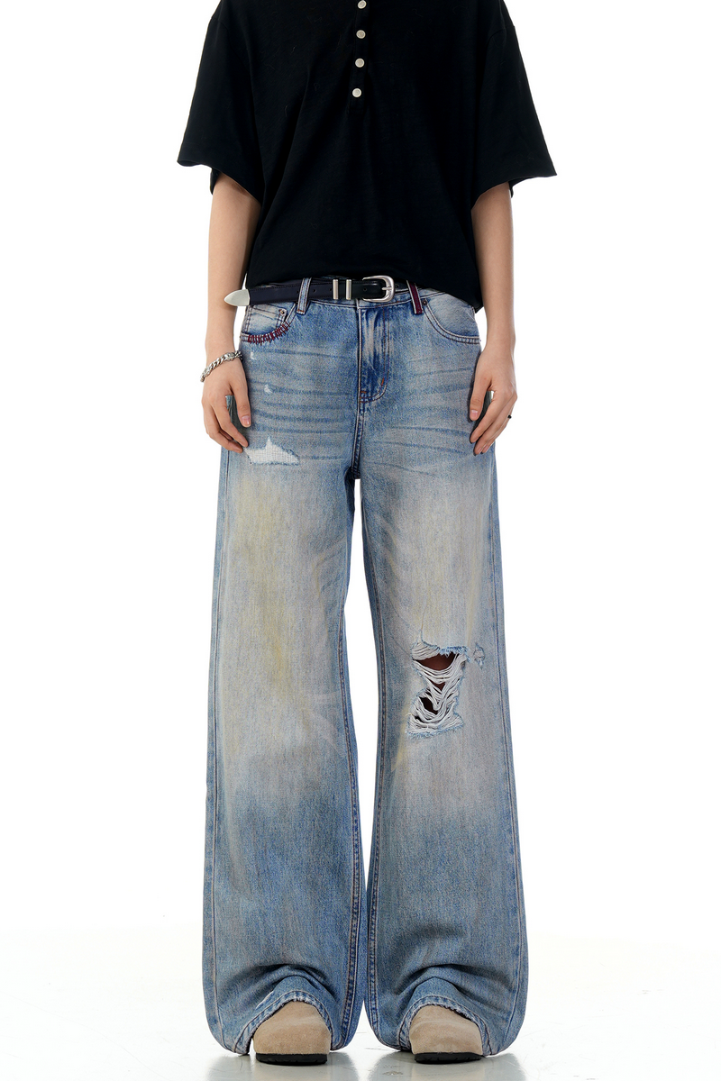 Ripped Straight Wide Jeans