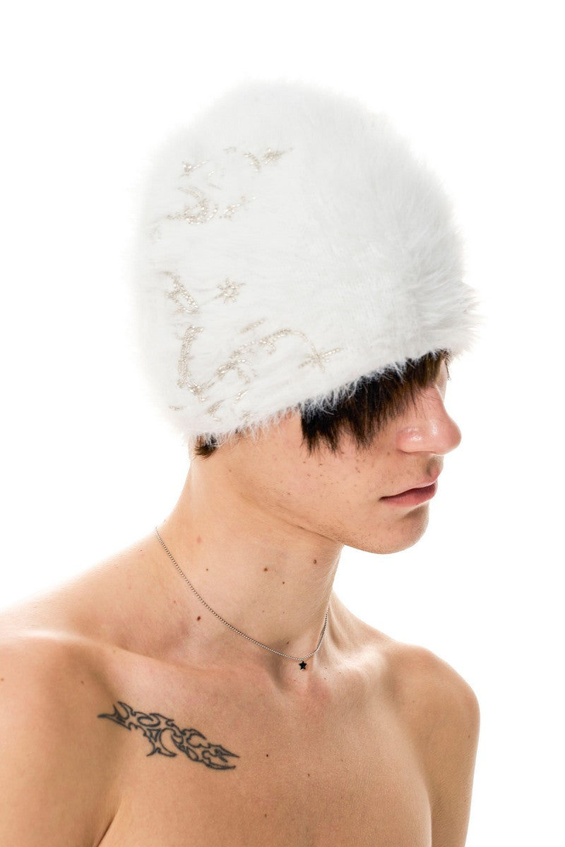 Embroidered Faux Mink Knit Beanie