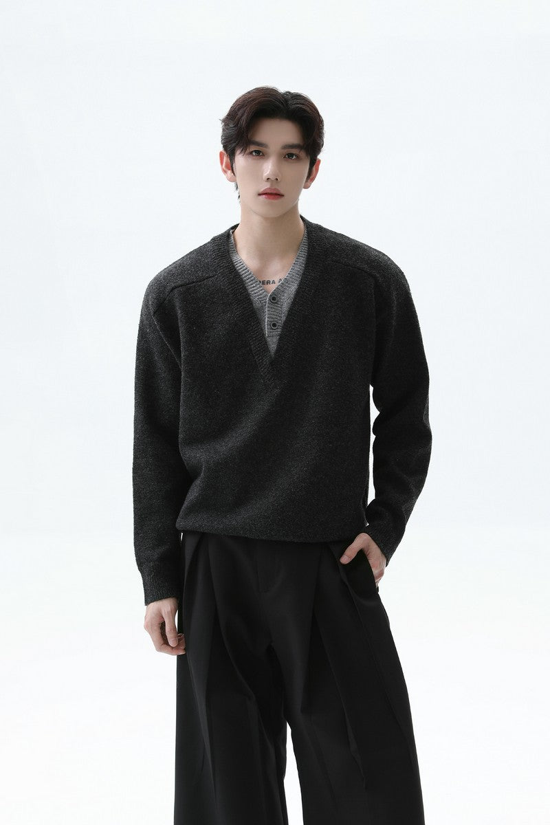 Layered Look Wool V Neck Sweater