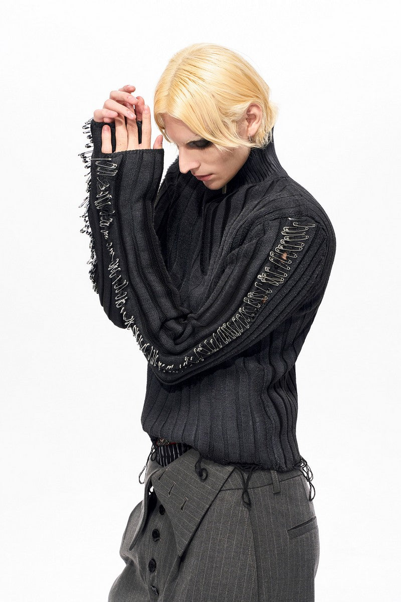 Distressed Pin Detail Knit Sweater