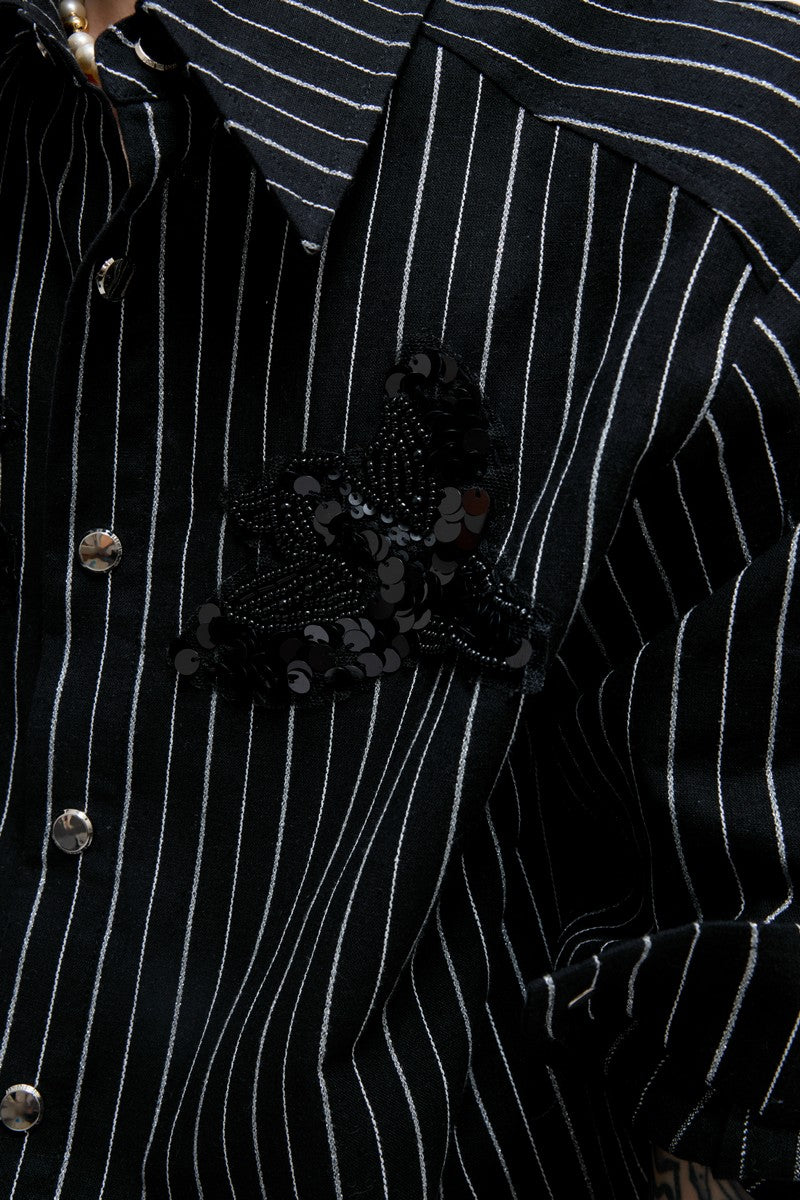 Striped Sequin Embroidered Linen Shirt