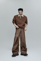 Glossy Pleated Straight Leg Trousers