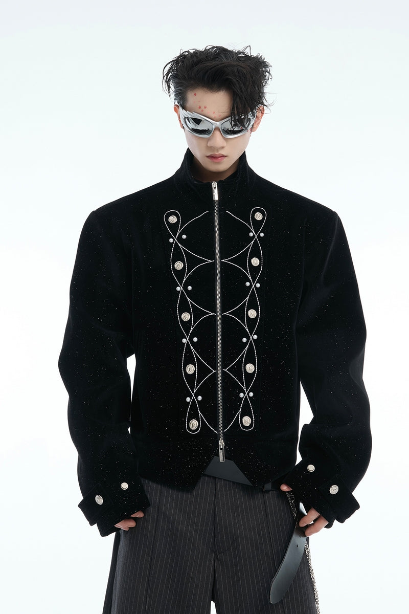 Metal Button Sparkle Stand Collar Jacket