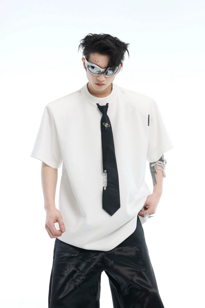 Tie Detail Padded Shoulder T-Shirt