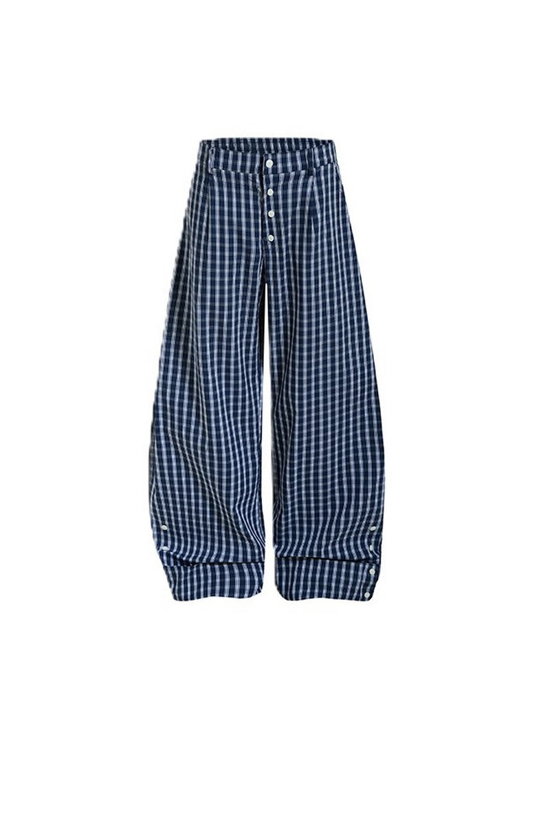 Plaid Button Wide Leg Pants