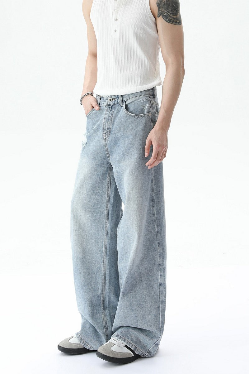 Washed Distressed Straight Leg Jeans