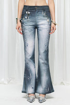Pearl Ocean Print Flared Jeans