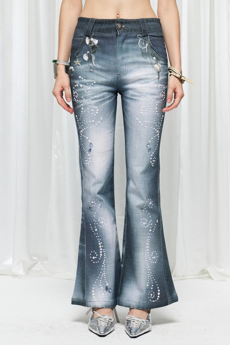 Pearl Ocean Print Flared Jeans