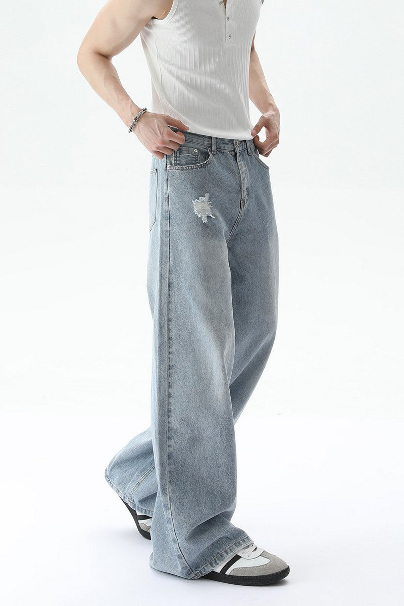 Washed Distressed Straight Leg Jeans