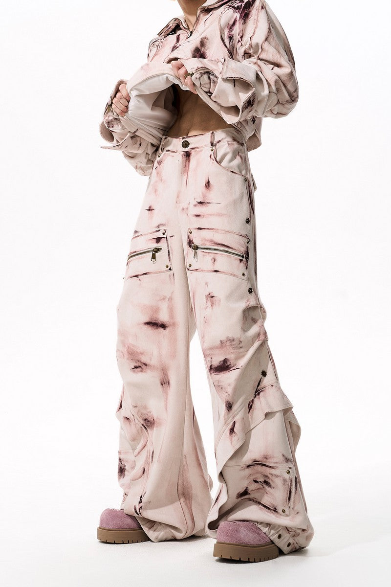 Suede Graffiti Wide Leg Cargo Pants