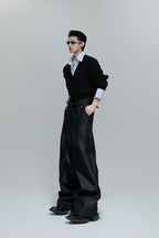 Glossy Pleated Straight Leg Trousers