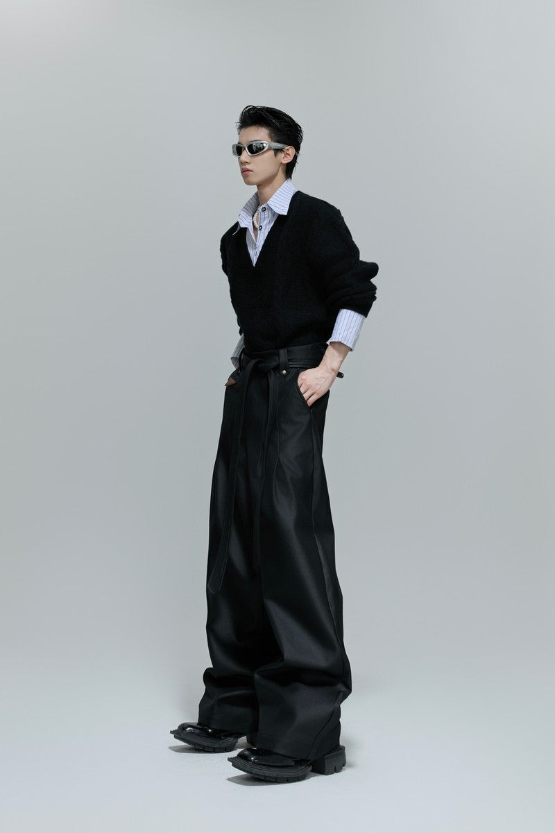 Glossy Pleated Straight Leg Trousers