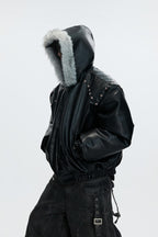 Hooded Leather Puffer Jacket