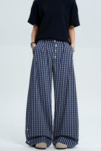 Plaid Button Wide Leg Pants