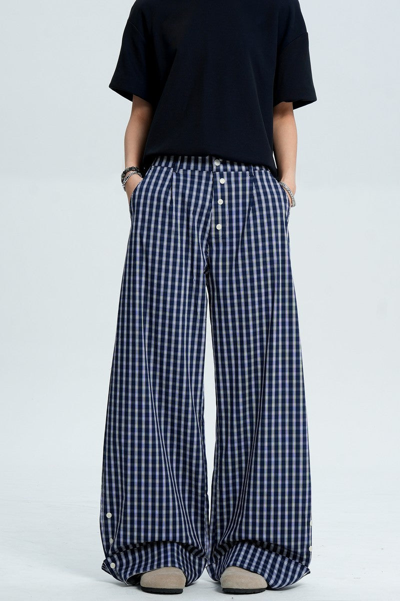 Plaid Button Wide Leg Pants