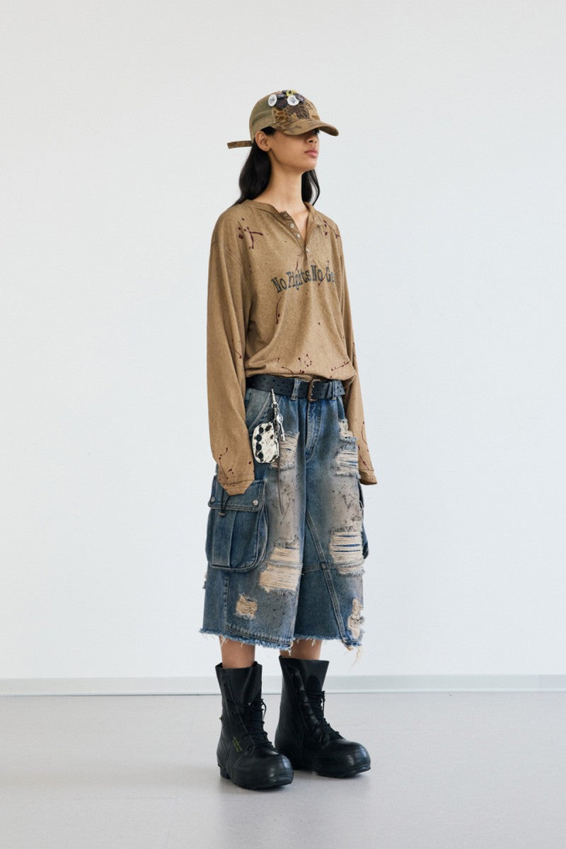Deconstructed Washed Capri Jeans